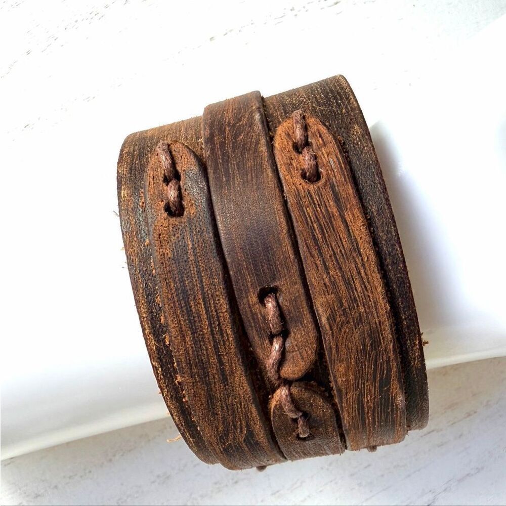 Distressed Brown Leather Cuff Bracelet Rustic Wide Snap